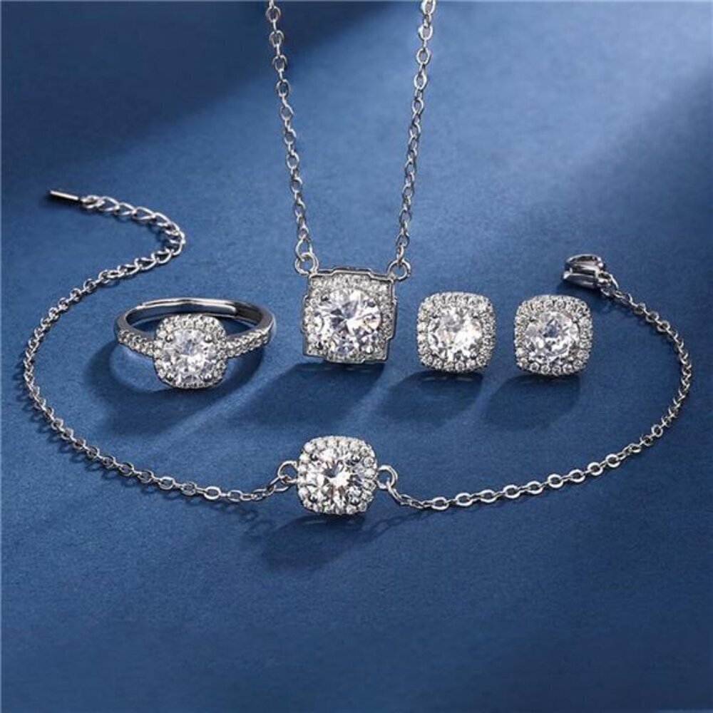 4 Piece Wedding Jewelry Set for Bride Bridesmaid Cubic Zirconia Silver Fashion